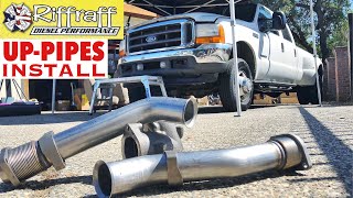 2001 F350 73  RiffRaff UpPipes Install  Stock up pipes leaking and falling apart JUNK SP [upl. by Hadden876]